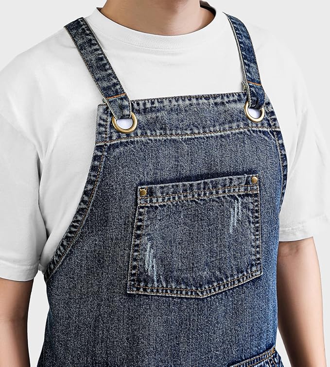 Cotton Denim Apron Soft - Unisex Adjustable Bib Apron with 5-Pockets Perfect for Kitchens