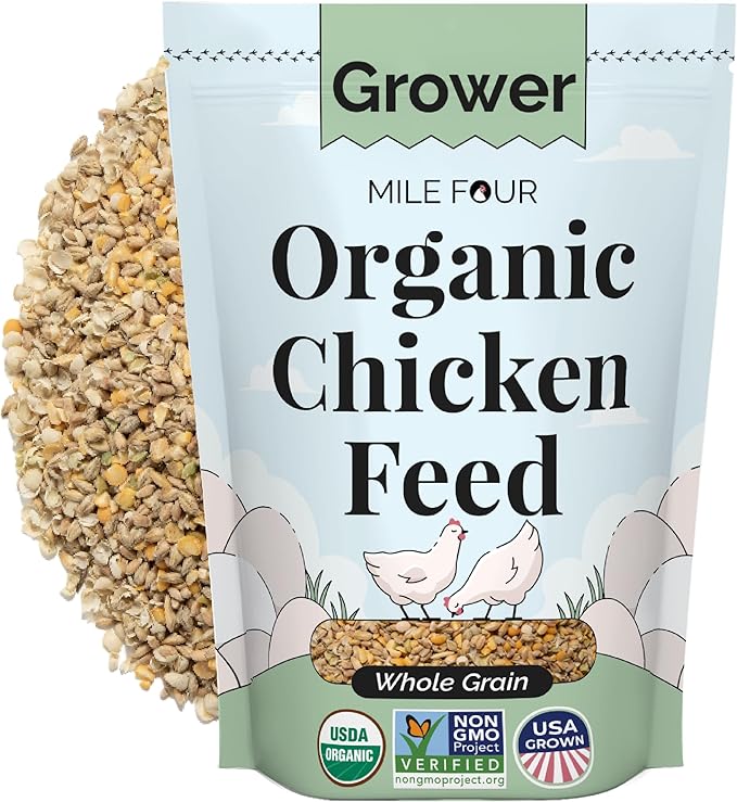 Mile Four Organic Chicken Feed – Grower Whole Grain, Non-GMO, USA Grown, 18% Protein, Corn-Free, Soy-Free, Non-Medicated Feed for Chickens, 2 lb Sample