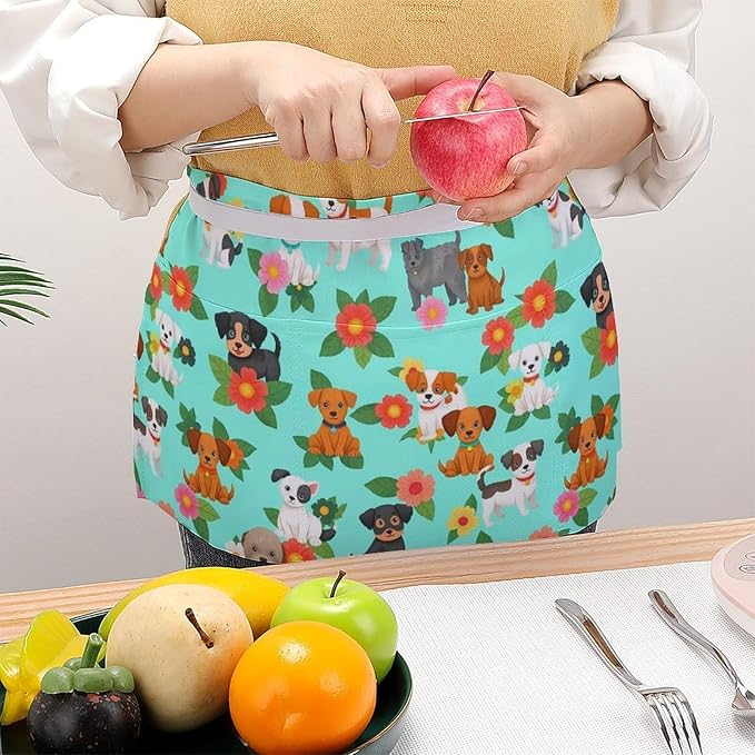 Unisex Chef Waiter Apron Waist Half Short Serving Aprons with 3 Pockets