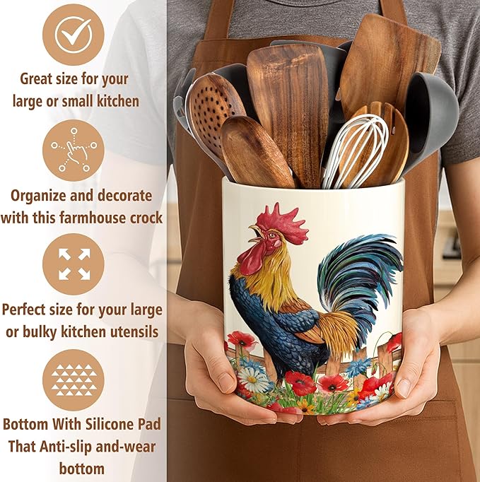 Hexagram Rooster Decor Utensil Holder, Rooster Chicken Kitchen Decor Ceramic Utensil Holder for Farmhouse Chicken Kitchen Decorations Indoor Rustic Farmhouse
