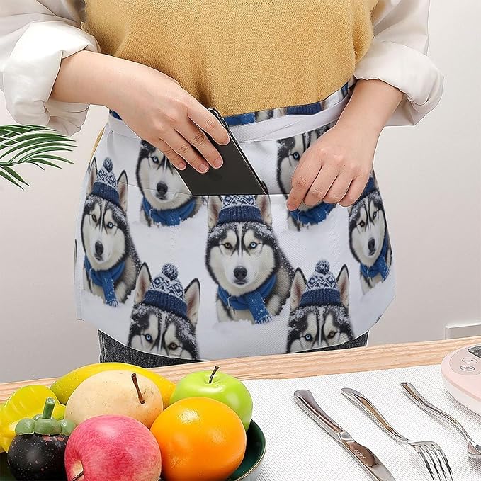 Unisex Apron for Cooking Server Waitress Half Waist Apron with 3 Pockets