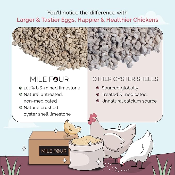Mile Four Oyster Shell for Chickens (50 lbs) Calcium Supplement for Chickens, 100% Natural Limestone Calcium Carbonate, Strong Eggshell & Bone Boost