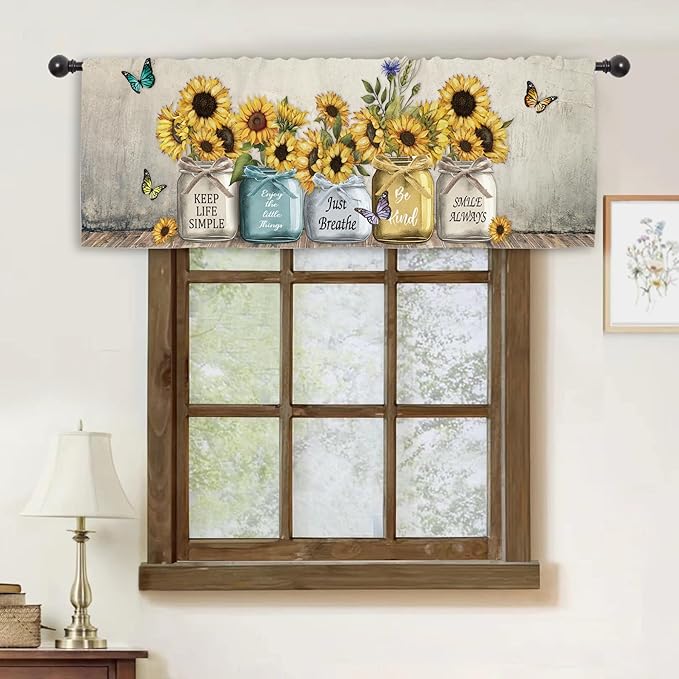 Miyotaa Rustic Sunflower Farmhouse Kitchen Curtain Valance 54W x 18H Rod Pocket Quotes Motivational Inspirational Country Vintage Window Treatment for Living Room Bedroom Bathroom