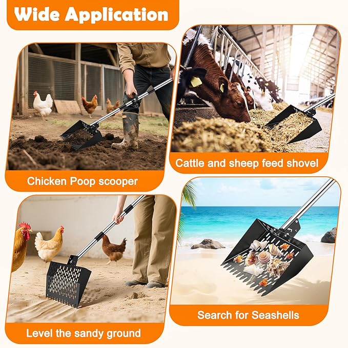 Senlinyu Chicken Poop Scooper for Sand, Chicken Poop Scooper & Rake 2-in-1 Chicken Coop Accessories with 24"-70" Adjustable Stainless Steel Handle Heavy Duty Sand Sifting Shovel for Coop Maintenance