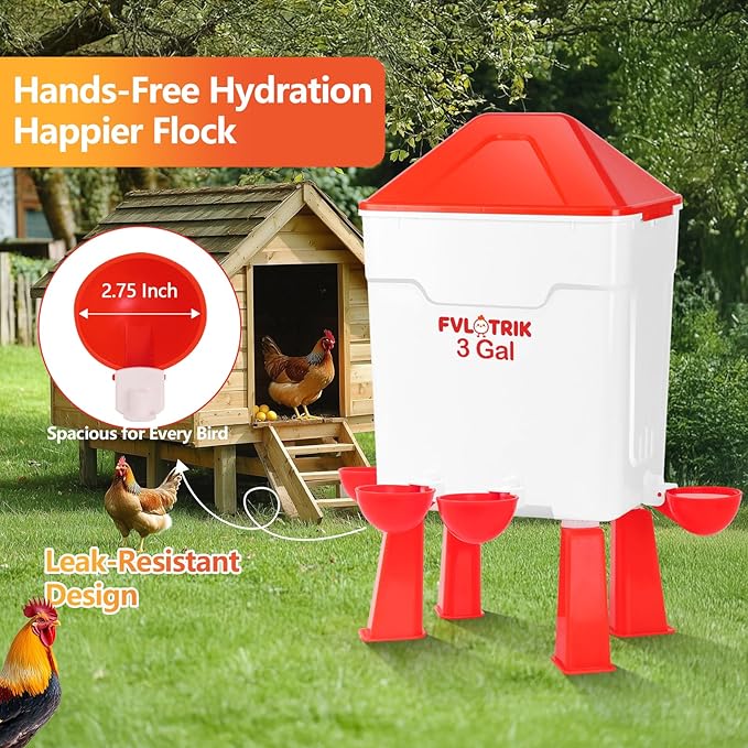 3 Gallon Chicken Waterer and Feeder Set with Legs, 2.75' Watering Cups & 3.5" Feed Ports for Large Beaks, Automatic No-Waste Feeders and Waterers, Easy No-Tools Assembly
