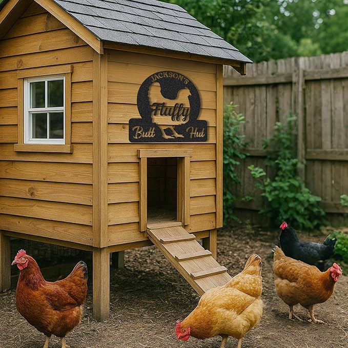 Personalized Chicken Coop Signs, Outdoor Chicken Coop Decor, Vintage Hen House Wall Decor, Custom Fluffy Butt Hut Sign for Farm Yard Garden Home, Gifts for Chicken Lovers Color03
