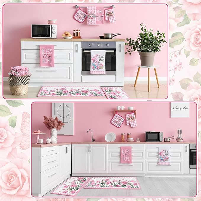 10 Pcs Pink Rose Kitchen Decor Set Towels and Rugs Oven Mitts and Pot Holders Farmhouse Spring Kitchen Decor Set for Women Mom Gift Cooking Baking Grilling