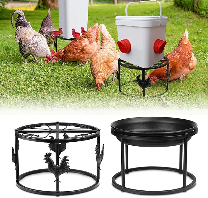 Metal Stand for Chicken Feeder Waterer, Heavy Duty Poultry Water Feeder Stand Holder with Basin, Rustproof Iron Chicks Feeding Buckets Support Shelves for Cat Dog Bowl Indoor Outdoor