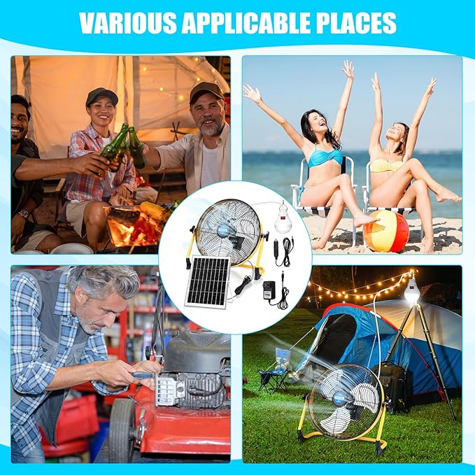 Sumind 14 Inch Solar Powered Fan 15000mah 20w Portable Ventilador Rechargeable Camping Fan Battery Powered with Panel and Light for Outside, Home, Travel, Chicken Coop, Shed, Greenhouse