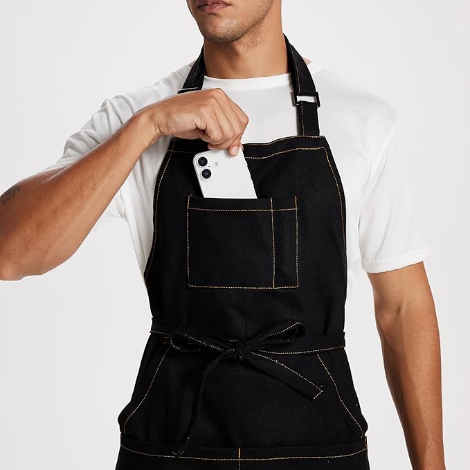 Chef Apron for Men Women with Large Pockets, Adjustable Denim Apron for Cooking, Baking, Gardening