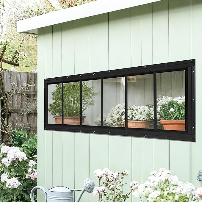 Shed Windows 2 Pack, Transom Windows 10" x 35" with Tempered Glass, Garage Doors Window for Shed, Chicken Coop, Playhouse, Household (Black)