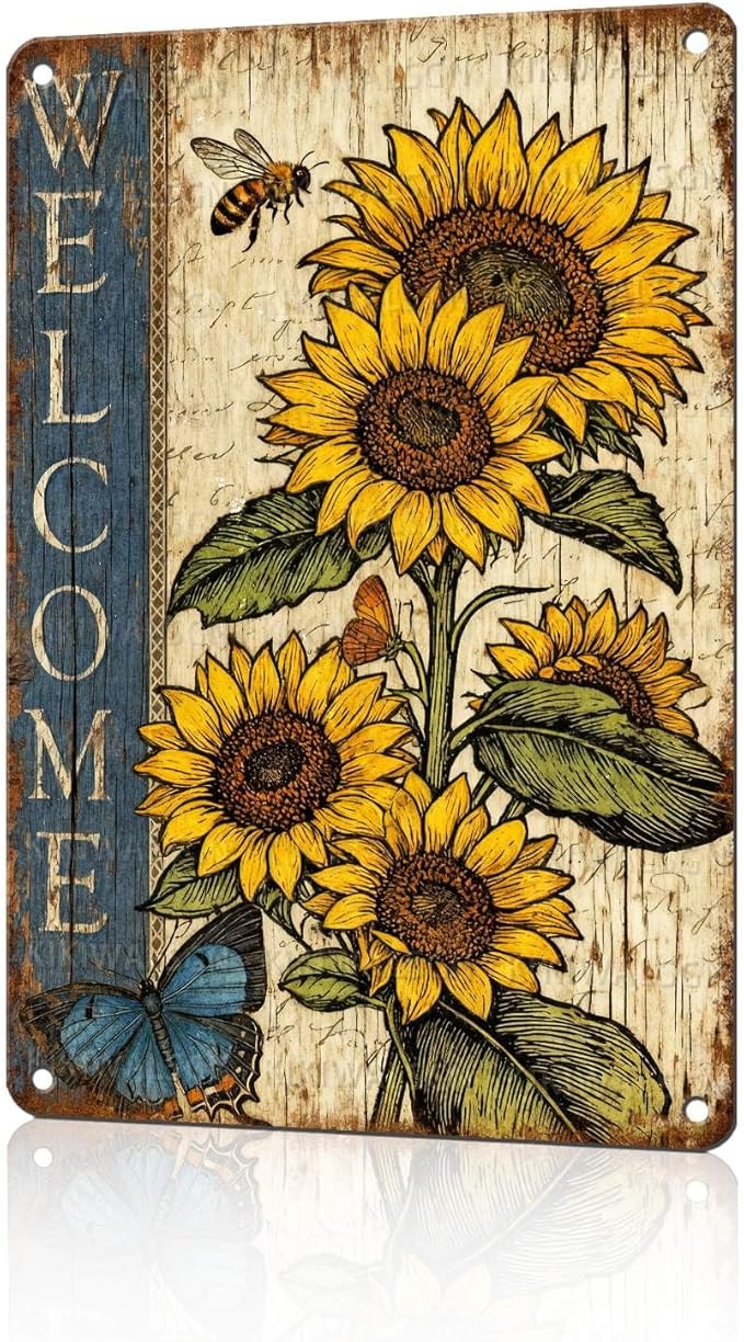 Vintage Sunflower Tin Sign Welcome Retro Garden Metal Sign Rustic Nostalgic Wall Decor For Home Garden Plaque Yard Bar Farmhouse Porch Living Room Cafe Kitchen 12 * 8 In