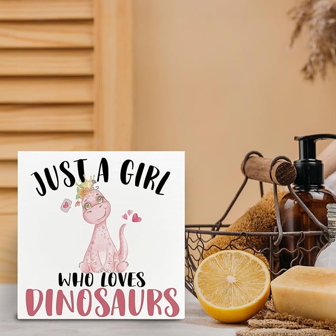 Pink Dinosaurs Wooden Box Signs, Dinosaurs Gifts for Women Girls, Dinosaurs Decor, Just a Girl Who Loves Dinosaurs Desk Signs for Tabletop Shelf Desk 5x5 Inch