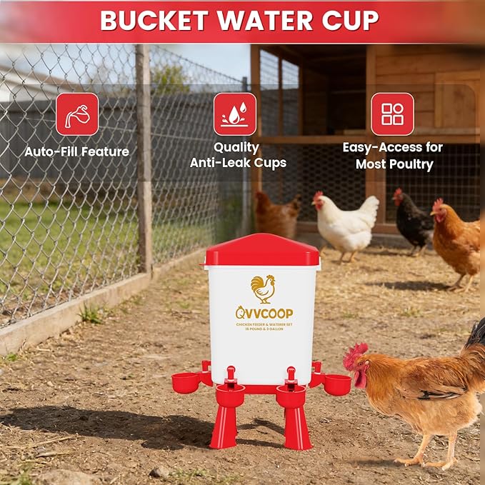 Automatic Chicken Feeder and Waterer Set, Poultry Feeding Equipment for Duck Turkey, Chicken Coop Accessories, Standing/Hanging Use, 3 Gallon Set, Red