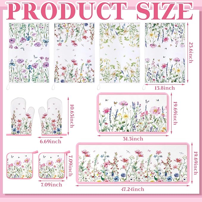 10 Pcs Wildflower Kitchen Dish Towels Rugs Oven Mitts and Pot Holders Set Farmhouse Kitchen Decor Set for Women Mom Daughter Gift Cooking Baking Grilling (Pastel Pink White)