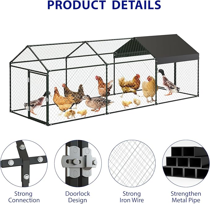 Garvee Large Metal Chicken Coop with Run, 120 in x 40 in x 40 in Chicken Run with Cover, Outdoor Walk in Poultry Cage, for Small Animals Duck Rabbit Hen Chicken Supplies - Black