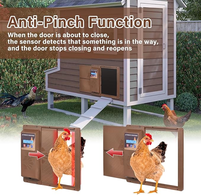 Programmable Chicken Automatic Door with Timer and LCD Display Double Power Supply(USB Charging/Battery Holder) Chicken Coop Door Anti-Pinch Protection for Poultry Coffee