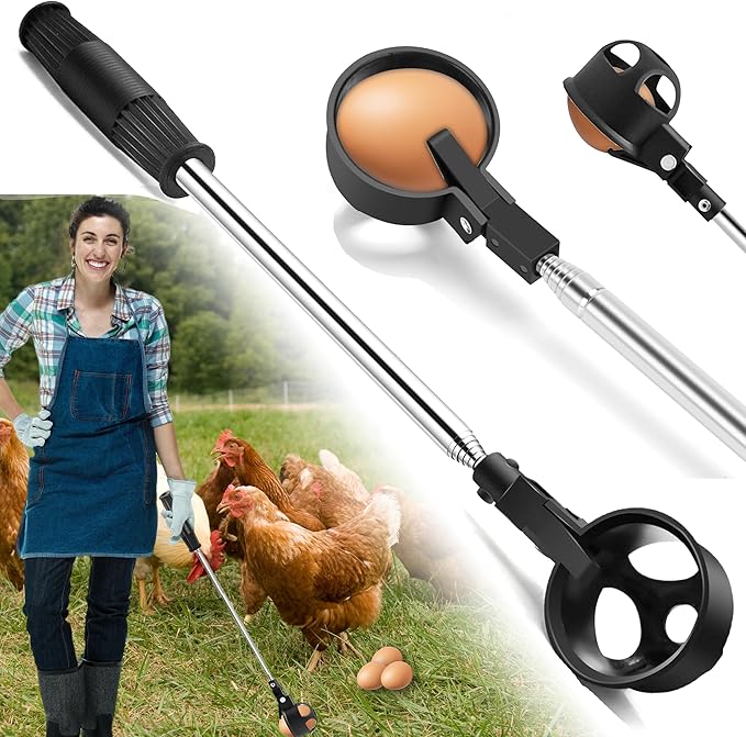 2Pcs Egg Grabber for Chicken Eggs, Extendable Egg Picker Tool with Non-Slip Handle, Stainless Steel Long Grabber Reacher for Coop, Poultry Nest, Farm & Outdoor Egg Collector