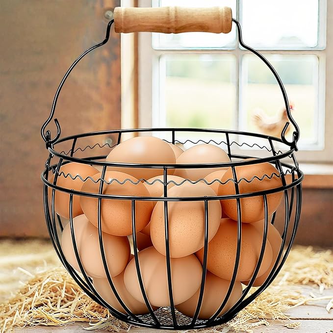 Wire Egg Basket for Gathering Fresh Eggs, Vintage Chicken Egg Collecting Basket with Handle, Farmhouse Egg Storage Container Countertop,Black, Ventilated Design, Easter Christmas Kitchen Decor