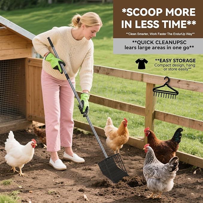 2 Rake Heads Chicken Coop Scoop 2 in 1 Metal Grid Chicken Poop Scooper 37.4 to 68.9 Inch Adjustable Stainless Steel Handle with Ergonomic Grip Farm and Poultry Litter Scoop with Gloves