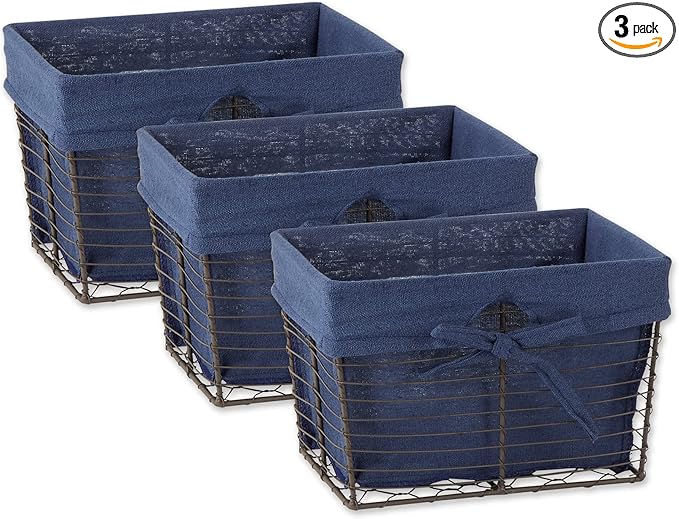DII Farmhouse Chicken Wire Storage Baskets with Liner, Small, Vintage French Blue, 9x7x6", 2 Piece