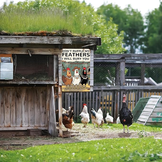 Funny Chicken Coop Sign "Don't Ruffle My Feathers I Will Bury You" Metal Chicken Signs for Coop Funny Outdoor Farmhouse Kitchen Garden Decor 8 X 12 Inch Chicken Gifts