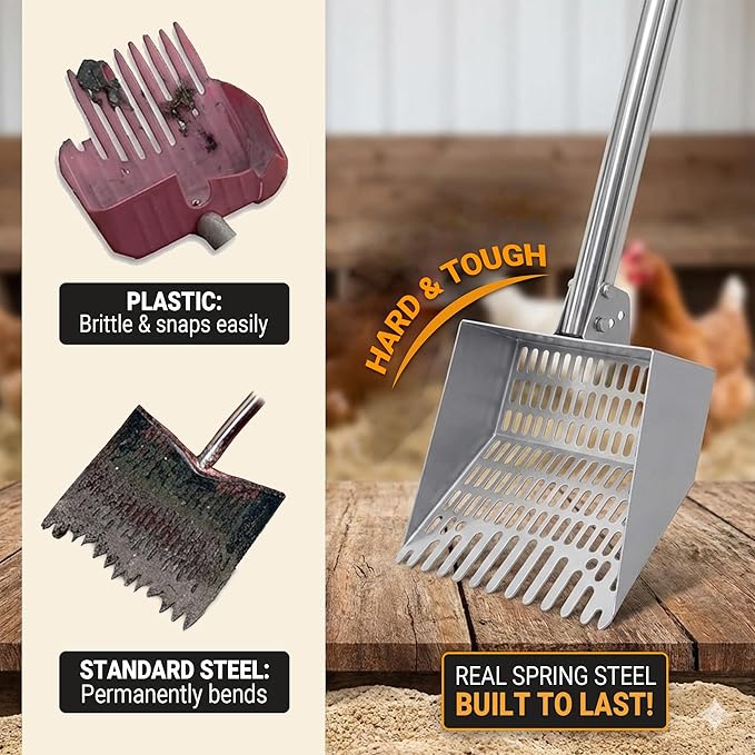 Chicken Poop Scooper Spring Steel Sifting Shovel with 3 Adjustable Angle, 38-66in Extendable Stainless Steel Handle, Professional Poultry Litter Cleaner for Chicken Coop, Duck, Goat & Sand