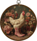 KLYTINK Whimsical Chicken Round Wall Art,Retro Floral Canvas Hanging Decor with Pink Cowboy Boots, Funny Farmhouse Animal Print for Kitchen, Entryway or Gift 10x10in (BY0636)