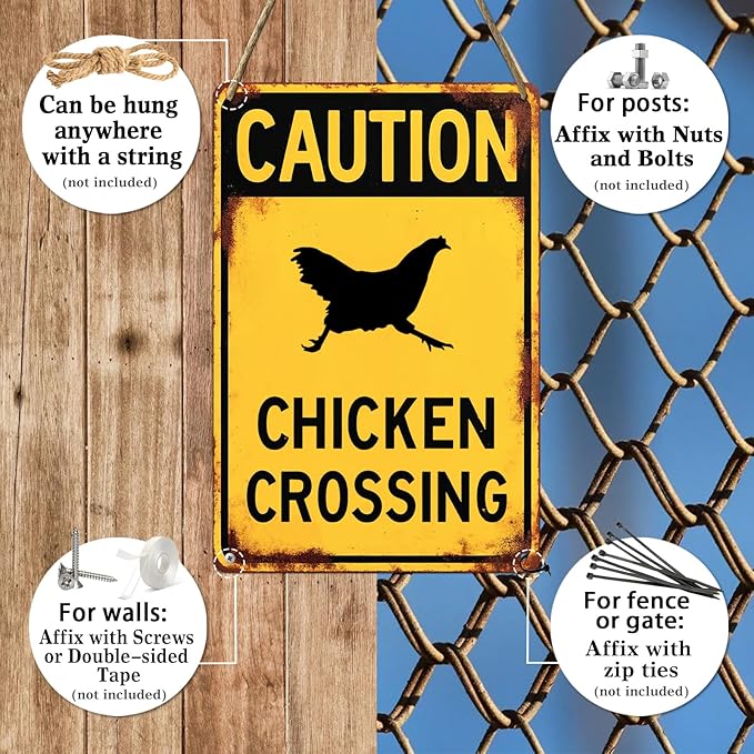 Caution Chicken Crossing Funny Warning Tin Sign Funny Farmhouse Security Warning Sign Vintage Metal Wall Decor Novelty Farmhouse Chicken Coop Decor 8x12 Inch