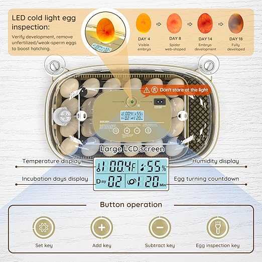 24 Egg Incubator for Hatching Eggs with Temperature and Humidity Control, LED Candling & Auto Turning for Chicken Duck Quail Birds, Ideal for Home Farm, Classroom, Beginners