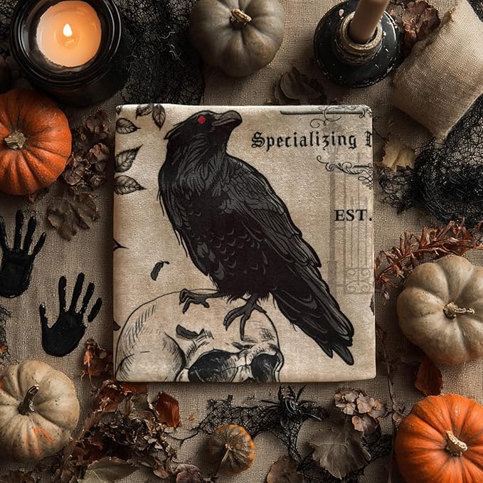 4 Pcs Vintage Halloween Kitchen Towels Tea Towels Decorative Set, 27.5x20 Inch Skeletons Crows Owl Dish Vintage Terror Decoration Hand Towels, Halloween Absorbent Kitchen Dishcloth for Cooking