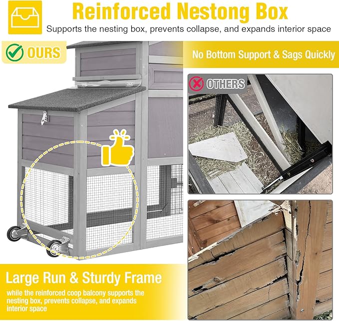Aivituvin Chicken Coop with Wheels Mobile Hen House Poultry Cage for 2-4 Chickens with Metal Run and Nesting Box 79" L