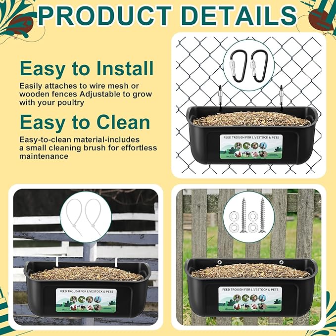 9 Pack Chicken Duck Feeder Waterer Hanging Goat Feeder Trough 2.5 Quart Livestock Feeding Trough with Scoop & Brush for Pig, Poultry, Fence Feeding, 22.5 Quart Total (Green,Black)