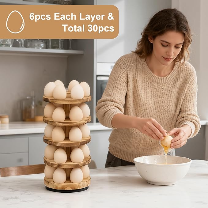 Wooden Fresh Egg Holder Countertop, 5 Layer Rotating Countertop Egg Holder for Fresh Eggs, Stackable with 30 Eggs for Countertop Kitchen, Pine