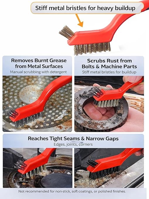 Wire Brush Set (3-Pack) for Precision Cleaning – Brass, Nylon & Stainless Steel Brushes for Rust Removal, Delicate Surfaces & Tight Spaces – 7-Inch Curved Handle