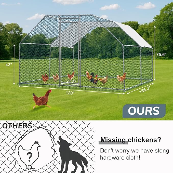 VINGLI Large Metal Chicken Coop, 13.1x9.8x6.5 ft Poultry Cage for Chicken Run, Walk-in Chicken Pen with Waterproof & Anti-UV Cover for Yard Outdoor (Silver-Flat Roof)