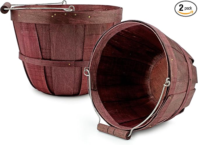 Cornucopia Brands Round Wooden Baskets (2-Pack, Dark Brown); Wood Fruit Buckets w/Handle, Gallon Capacity