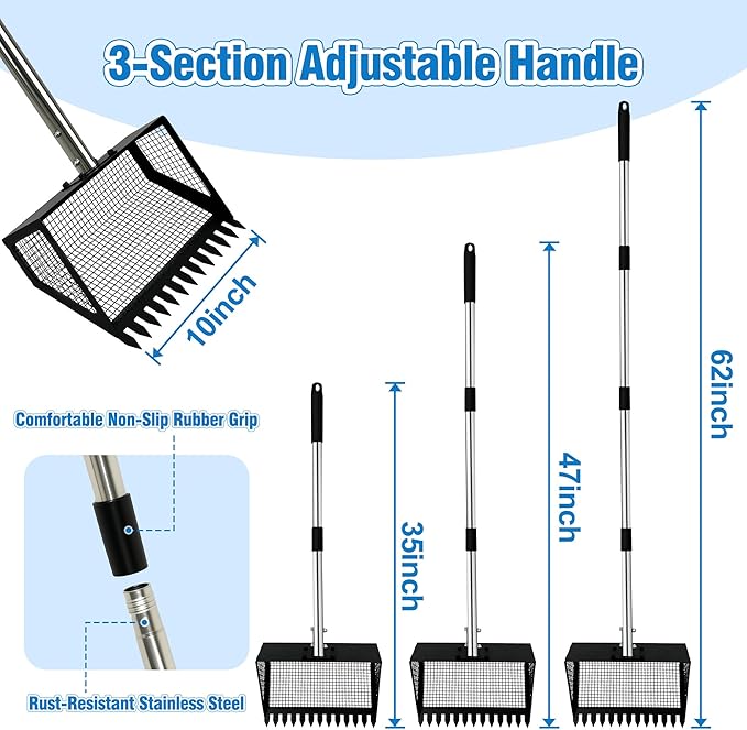 PETCHO Chicken Poop Scooper and Rake 2-in-1 – Heavy Duty Metal Manure Shovel with Adjustable Stainless Steel Handle– Coop Cleaning Tool for Poultry, Barn