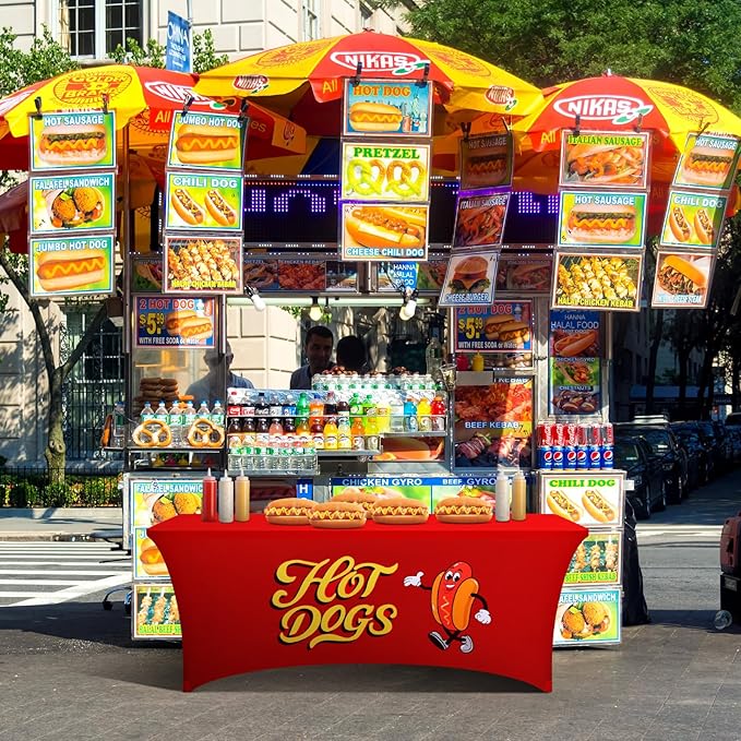 Oudain 6 ft Hot Dogs Tablecloth Stretch Spandex Hotdogs Table Cloth Cover Rectangle Table Hotdog Party Decorations for Sausage Food Hot Dog Concession Stand Supplies