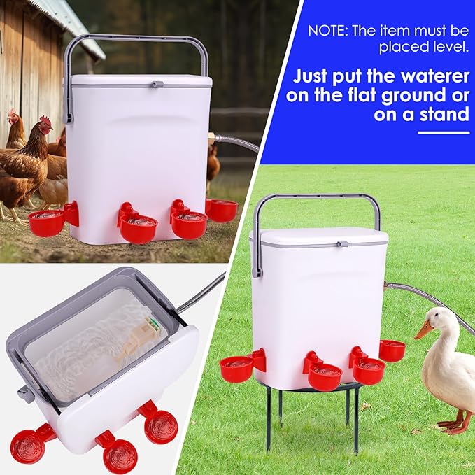 Automatic Chicken Waterer with Float Valve Kit Hose Attachment and 4 Poultry Water Cups, Duck Chicken Water Feeder Poultry Waterer (2 Gallons)
