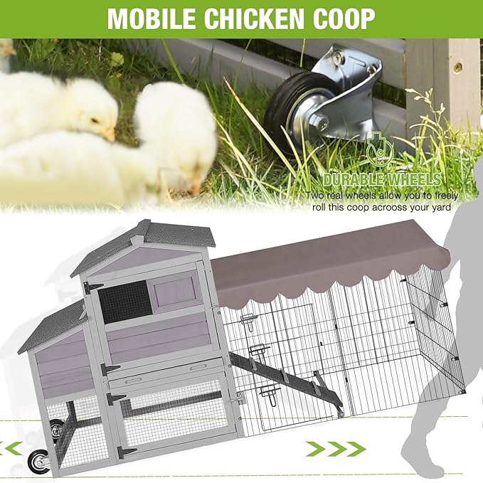 79" Mobile Chicken Coop with Nesting Box and Wheels, Outdoor Wooden Hen House for 2-4 Chickens, Large Poultry Cage with Metal Run, Waterproof Cover and 6 Access Doors