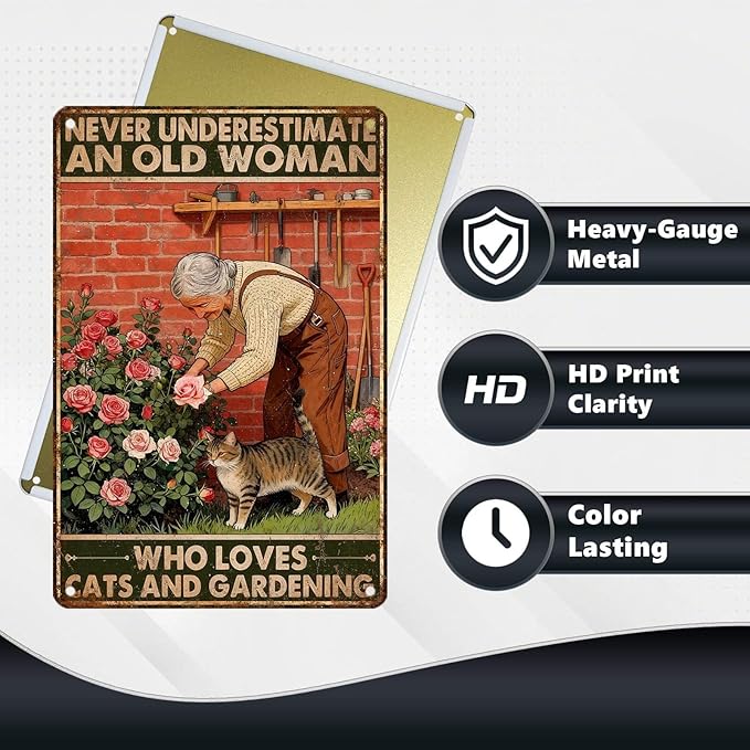 Vintage Garden Tin Sign Never Underestimate Old Lady Who Loves Cats And Gardening Retro Metal Sign Rustic Nostalgic Wall Decor For Home Garden Plaque Yard Patio Porch Living Room 12 * 8 In