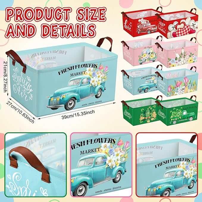 CHENGU 8 Pack Large Easter Gifts Baskets Empty Collapsible Holiday Storage Bin St Patricks Day Valentines Canvas Laundry Basket Foldable Box with Handle for Home Office Bedroom Clothes Toys