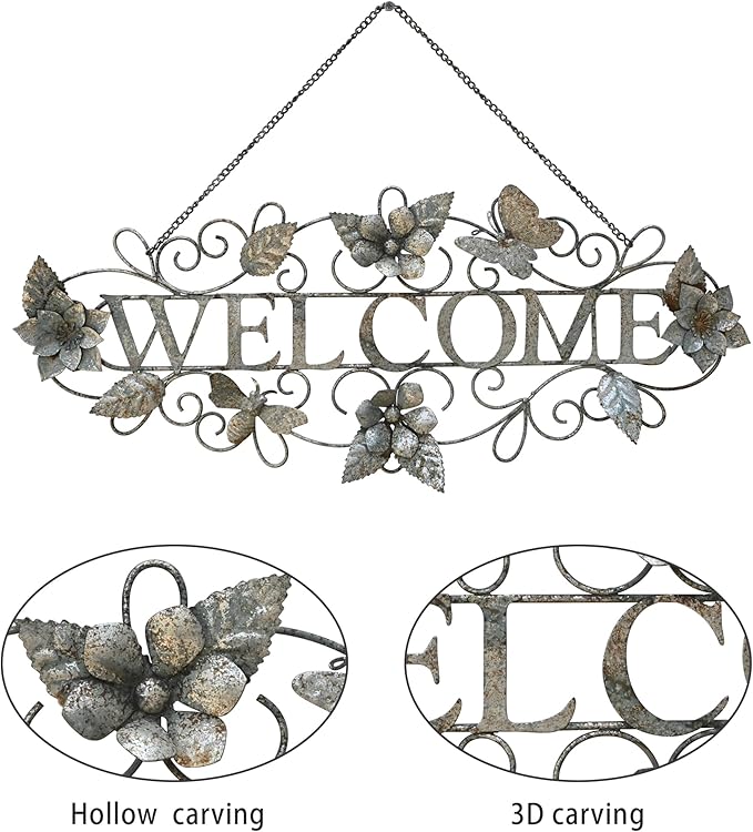 Queltharion Metal Welcome Wall Decor Rustic Farmhouse Distressed Flower and Butterfly Welcome Sign Hanging Decorative for Garden Porch Patio Yard Outdoor 23.5" L Blue