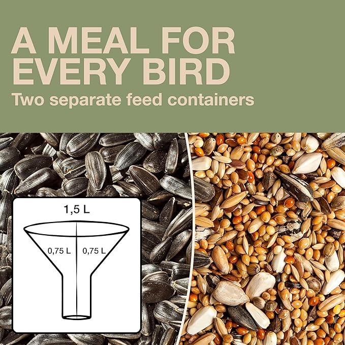 SWISSINNO Bird Feeders - No Mess Hanging Bird Feeder for Outdoors - Smart Birds Davos Spill Proof Wild Cardinal & Small Bird Feeder with Integrated Seed Catcher Tray - Dual Chamber - Sage