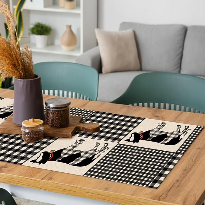 Seliem Buffalo Plaid Check Cow Table Runner, Farm Animals Kitchen Dining Table Decor, Farmhouse Burlap Home Decoration Indoor Outdoor Party Supply 13 x 36 Inches