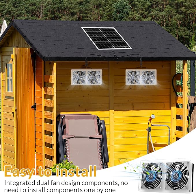 Solar Exhaust Fans Kit with 4 Fans 20w Waterproof Solar Panel + High Speed Dual Exhaust Fan Solar Panel Powered Fan with On/Off Switch for Chicken Coop, Shed Cooling Ventilation Project
