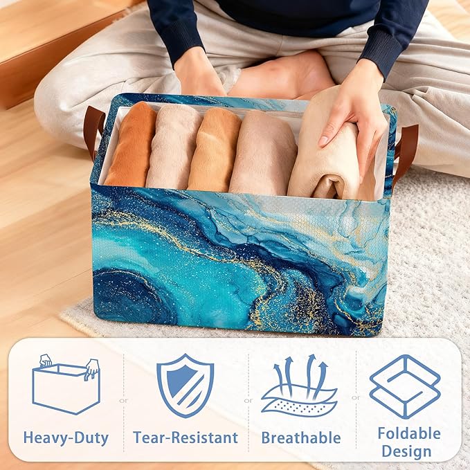Blue Gold Marble Collapsible Storage Box,Organizer Bin with Handles for Room Decoration,Bins Book Basket Box 17x11.5x10Inch