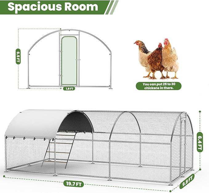 Large Metal Chicken Coop with Roosting Perch, Walk-in Poultry Cage Chicken Run House Chicken Pen Dome Shaped Coop with Waterproof Cover for Outdoor Backyard Farm Use (10' L x 19.7' W x 6.4' H)