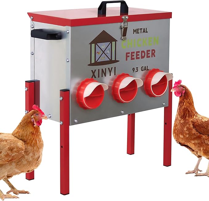 XINYI 9.3 Gallon Automatic Chicken Feeder, 6 Ports Gallon Chick Feeder No Waste with Adjustable Legs, Rodent Proof & Weatherproof Metal Raised Poultry Feeder